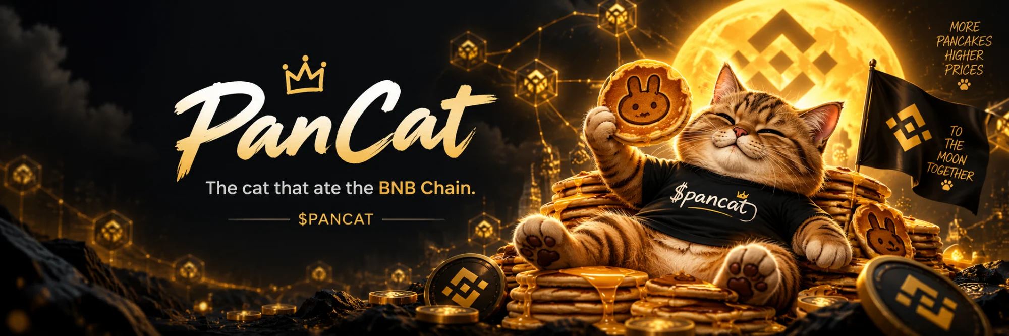 PanCat banner showing the cat with pancakes beneath a BNB moon
